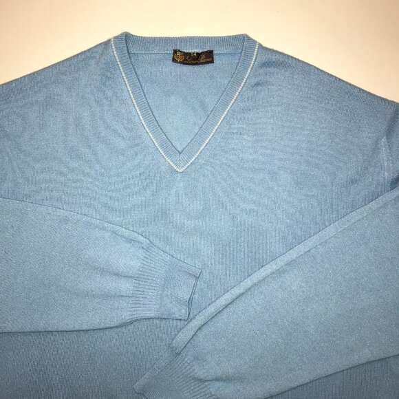 Men's Loro Piana Cashmere Silk V-neck Sweater-Size 54 (XL)-Baby Blue - Picture 1 of 11